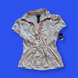 Vintage Y2K Pink Satin Blouse Short Sleeve Ruched Office Top Sz Medium NWT New